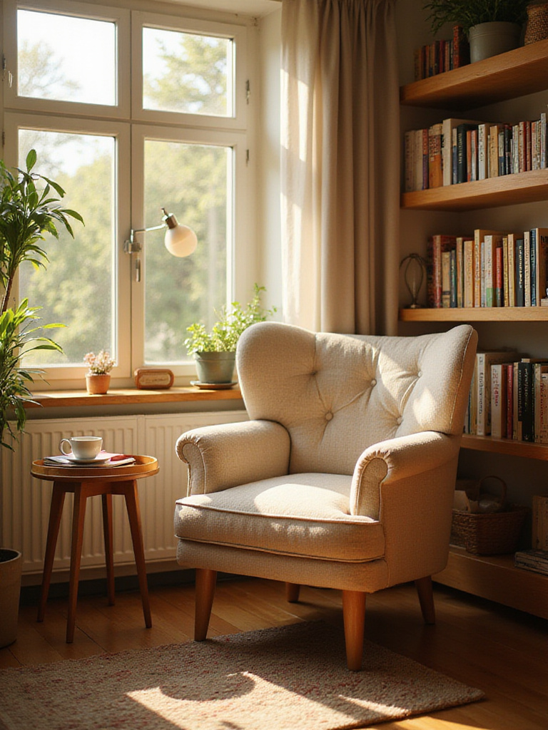 Cozy apartment reading nook with armchair, bookshelf, and warm lighting.