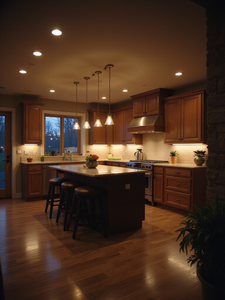 Modern kitchen scene at twilight with layered lighting. Dimmed pendant lights over an island and soft under-cabinet lighting create a warm, inviting atmosphere, showcasing the use of dimmer switches.