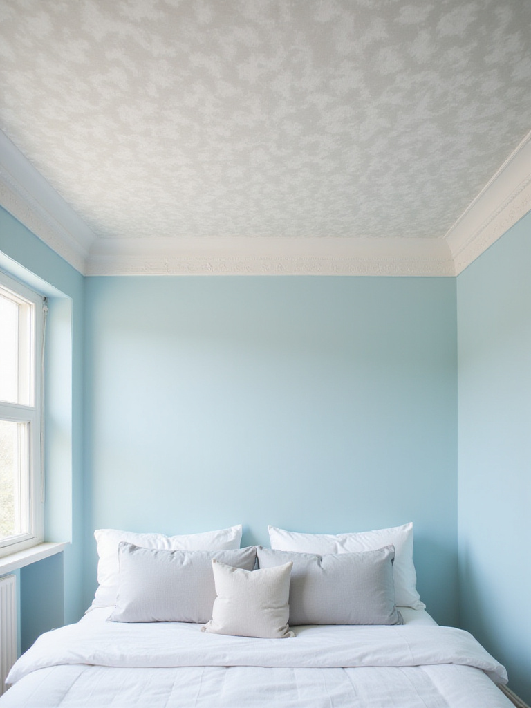 Bedroom with cloud wallpaper on ceiling.