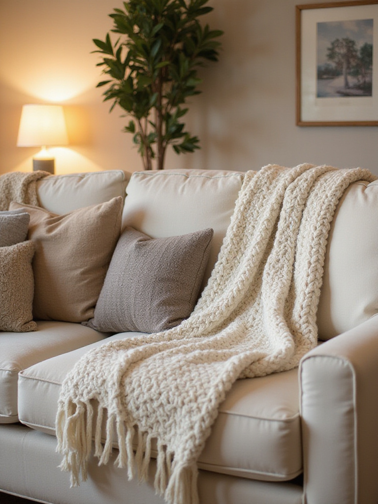 Cozy living room with layered throw blankets on a cream-colored sofa.