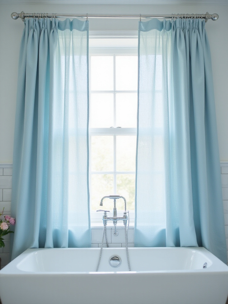 Light blue linen curtains providing soft light and privacy in a modern bathroom