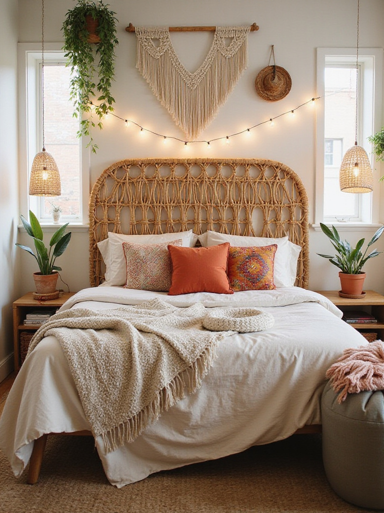 Boho bedroom with natural rattan headboard, linen bedding, and macrame wall hangings.