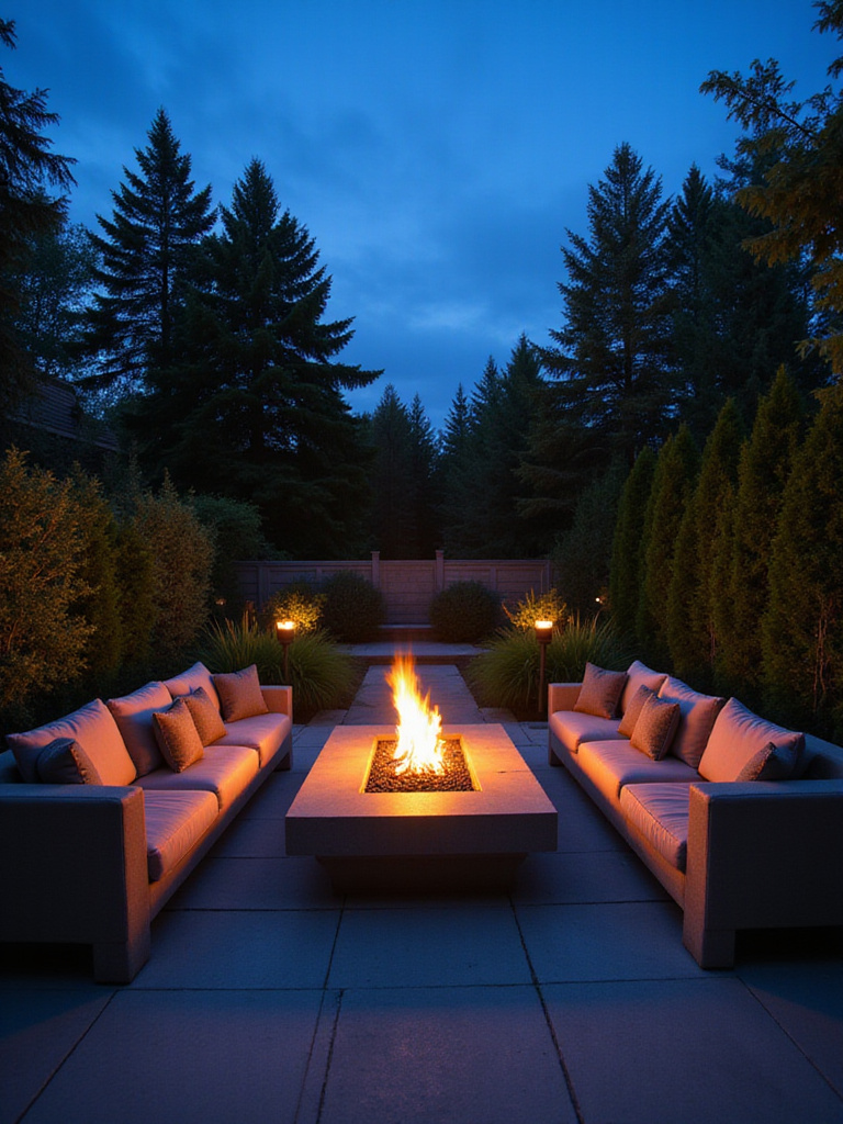 Modern backyard patio with a rectangular, built-in ethanol fire pit emitting clean flames at dusk, surrounded by outdoor furniture and landscaping.