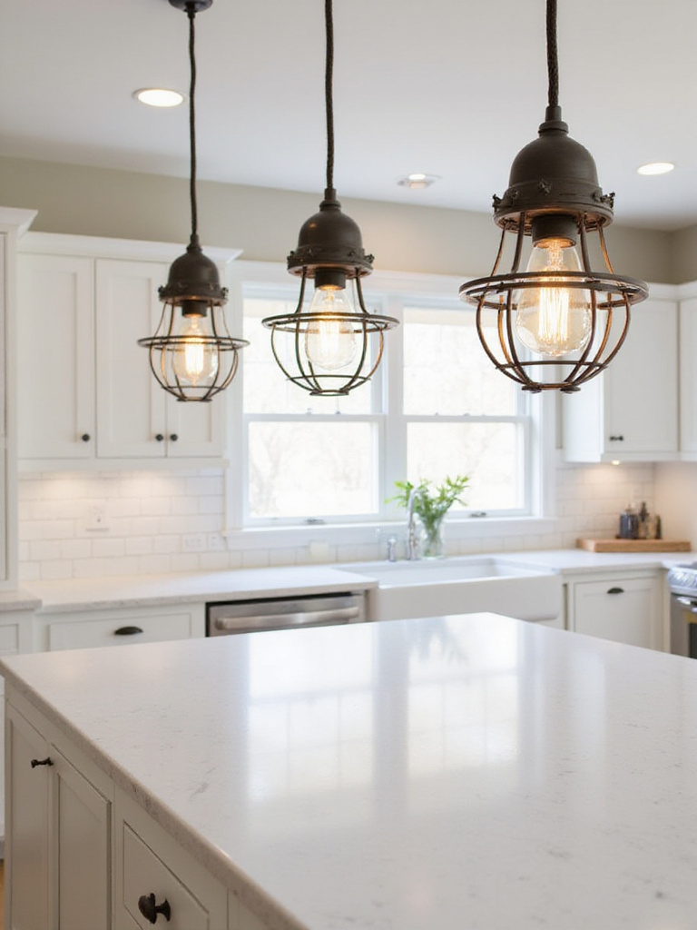 Farmhouse kitchen island illuminated by Edison bulb pendant lights.