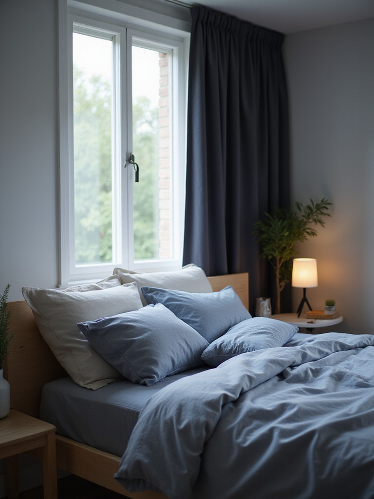 Calm and serene bedroom with blue and gray decor, designed for restful sleep.