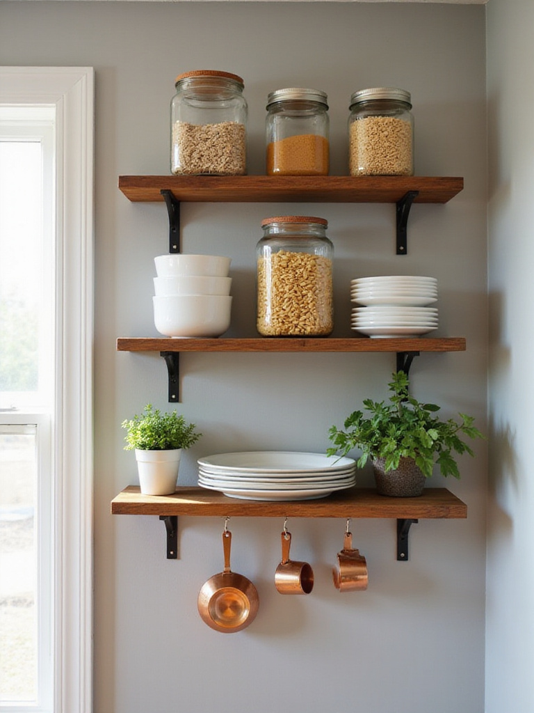 Kitchen with chic wooden wall shelves holding organized kitchen items.