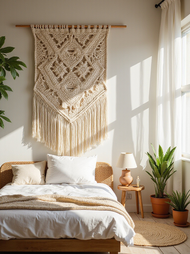 Boho bedroom with large macrame wall art.