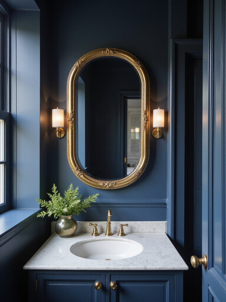 Luxurious navy blue bathroom with gold mirror and fixtures.