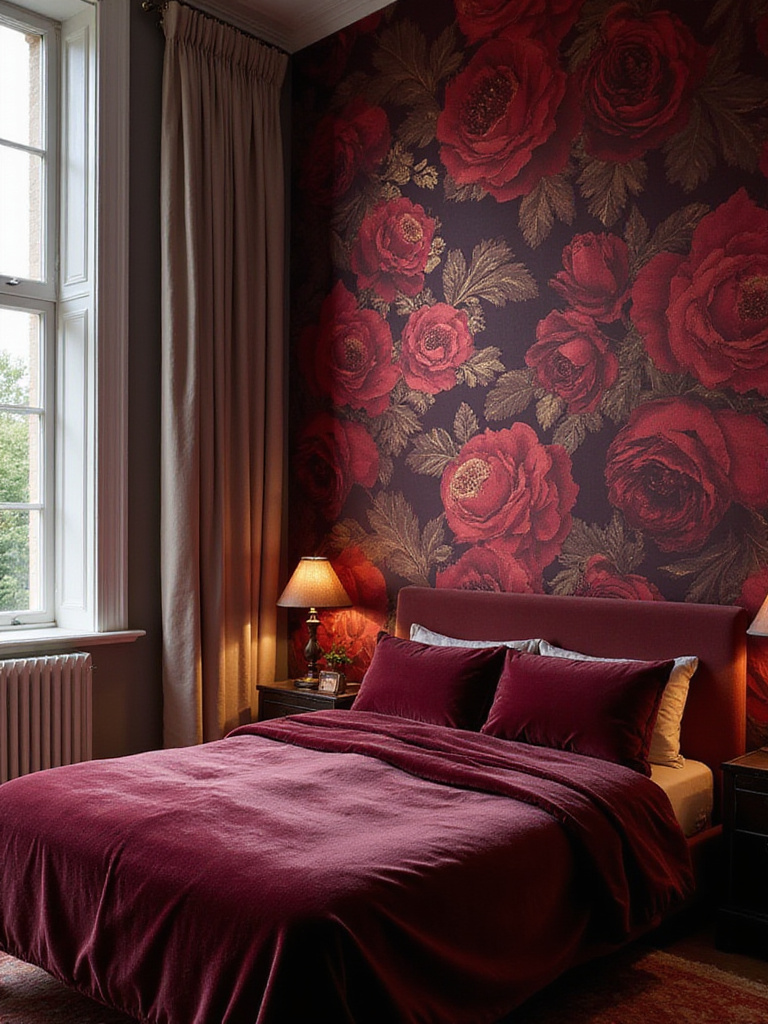Bedroom with bold red and burgundy floral wallpaper accent wall