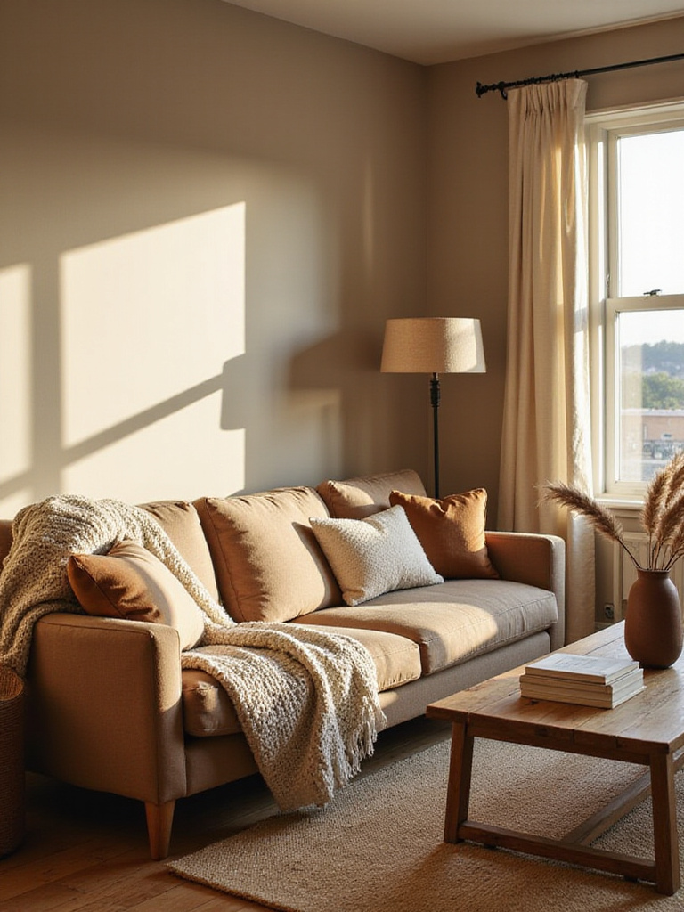 Cozy living room with earth-toned walls, brown sofa, and natural textures.