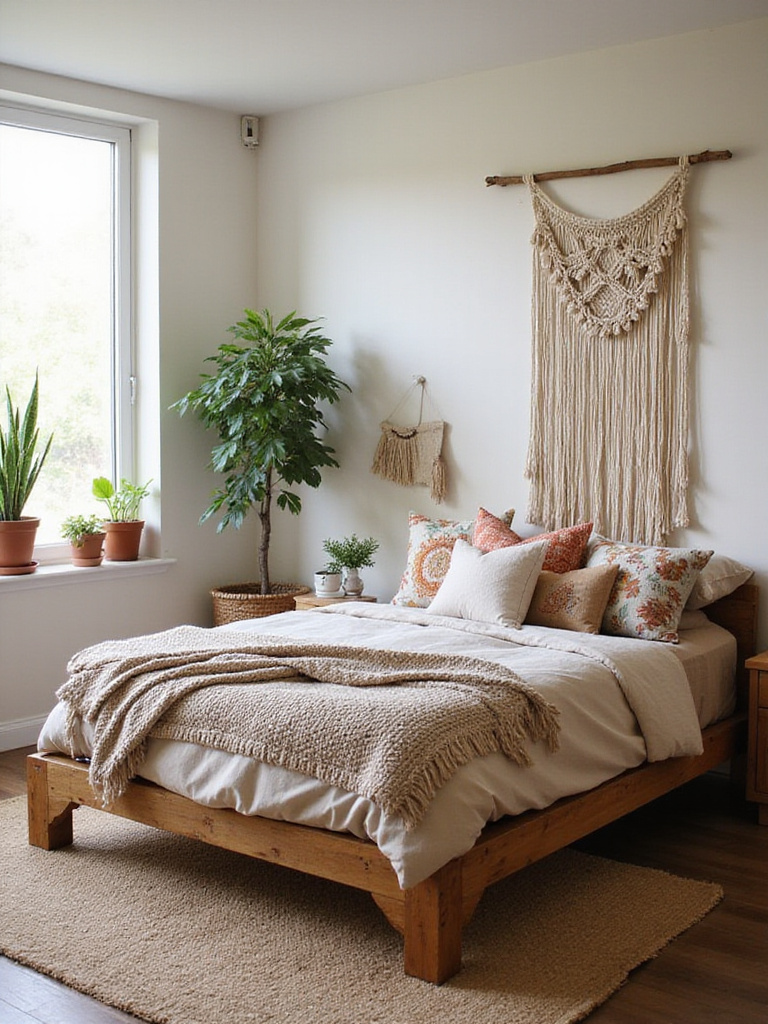 Boho bedroom featuring a low-profile reclaimed wood platform bed.