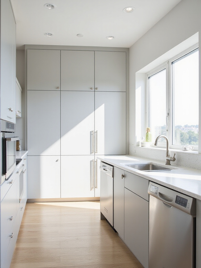 Modern minimalist kitchen design with clean lines and handleless cabinets.