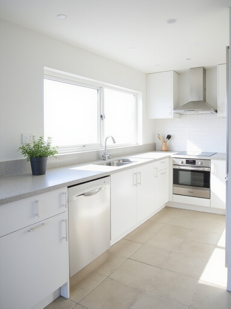 Bright minimalist kitchen with white cabinets and stainless steel appliances