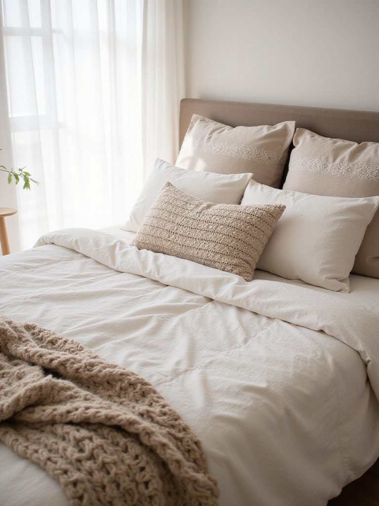 Boho bedroom with linen bedding and textured cotton throw