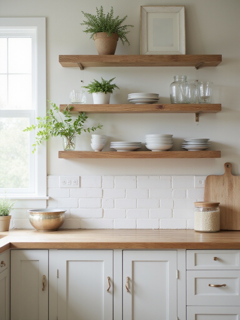 Modern farmhouse kitchen with light wood open shelving displaying dishes and herbs.