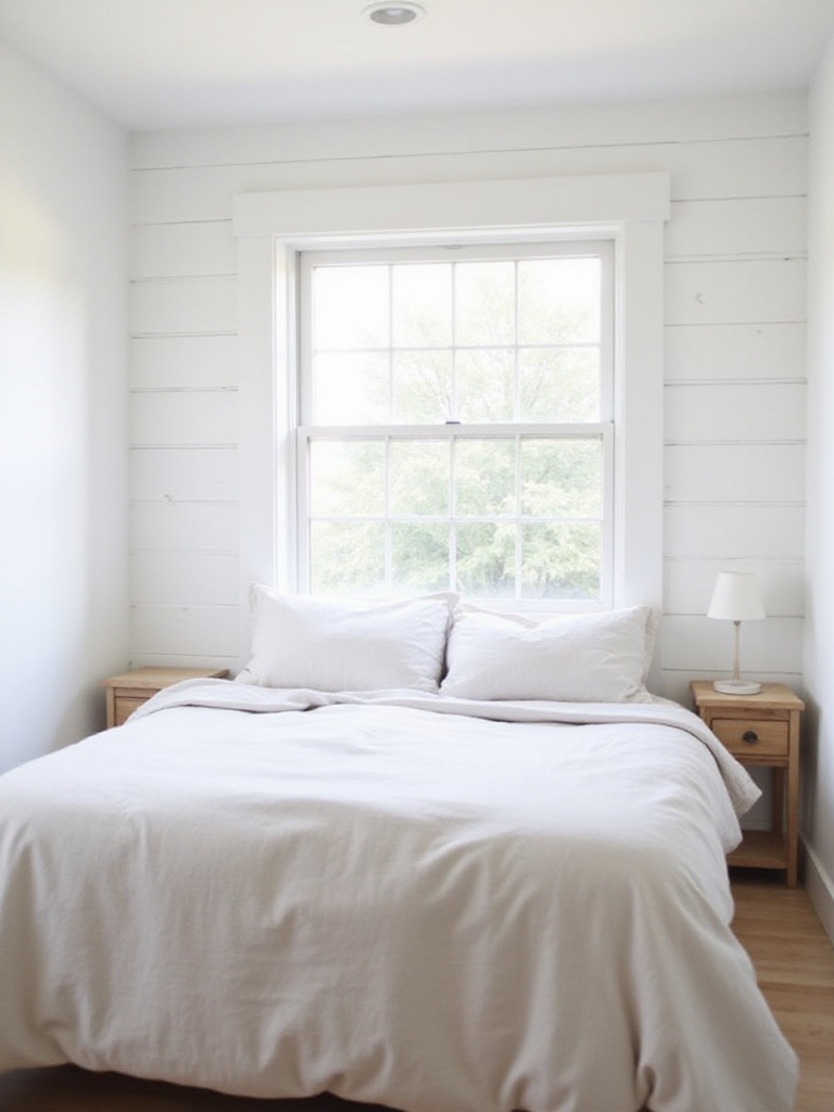 Farmhouse bedroom with white shiplap wall behind bed