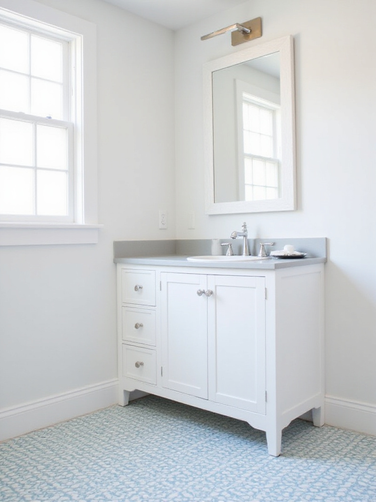 Blue and white patterned floor tiles in a modern bathroom with white vanity.