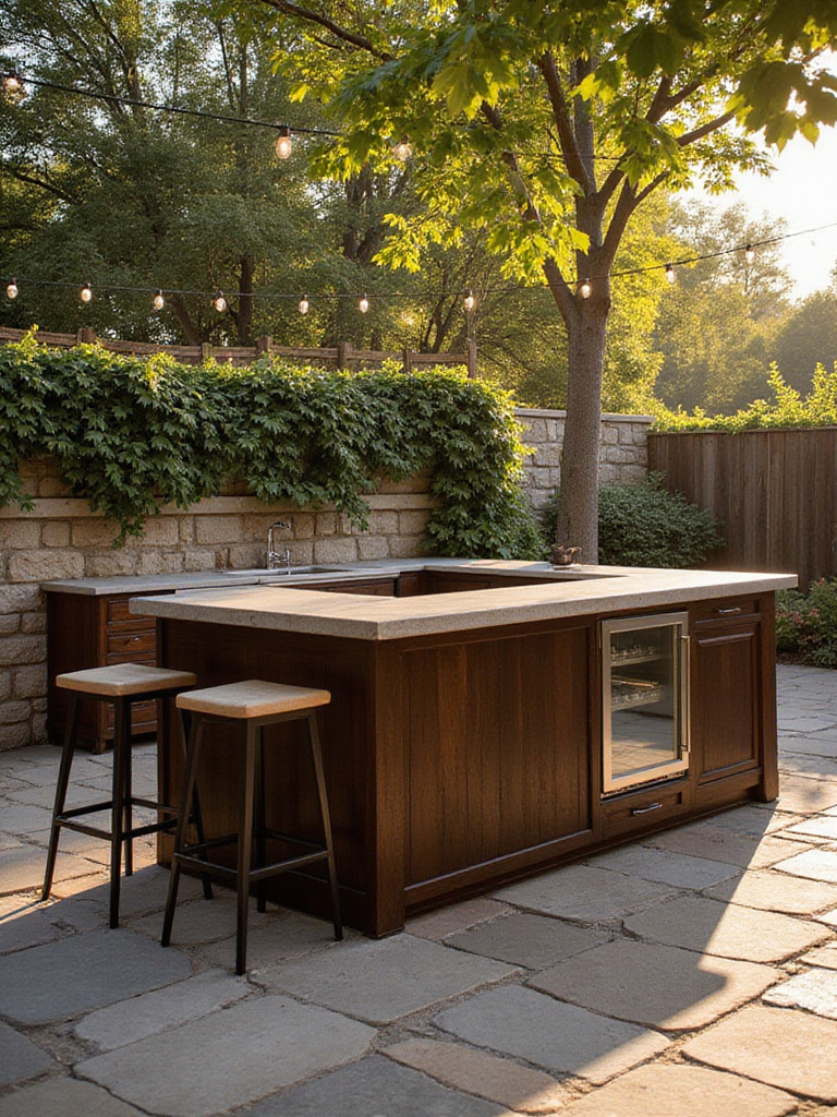 Outdoor bar area with stone patio, dark wood bar, stainless steel sink, and string lights.