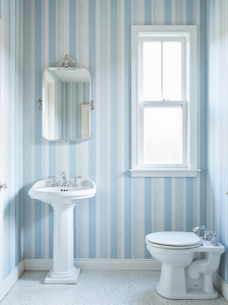Bathroom with blue and white striped wallpaper