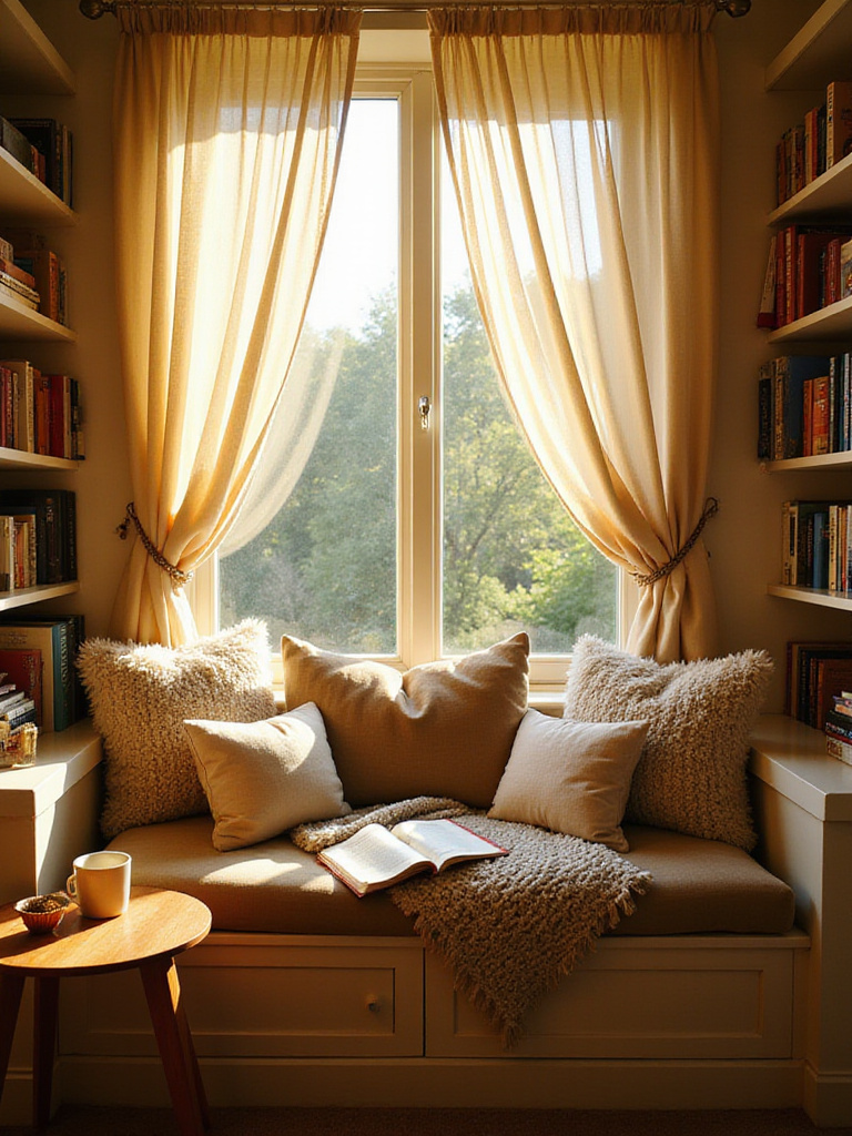 Cozy reading nook by a window with cushions, blanket, and bookshelves.