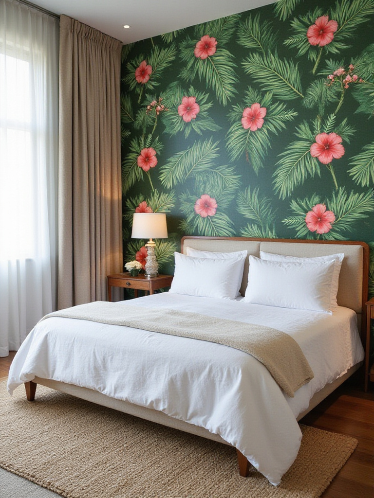 Luxurious bedroom featuring a lush tropical wallpaper accent wall with palm leaves and hibiscus flowers.