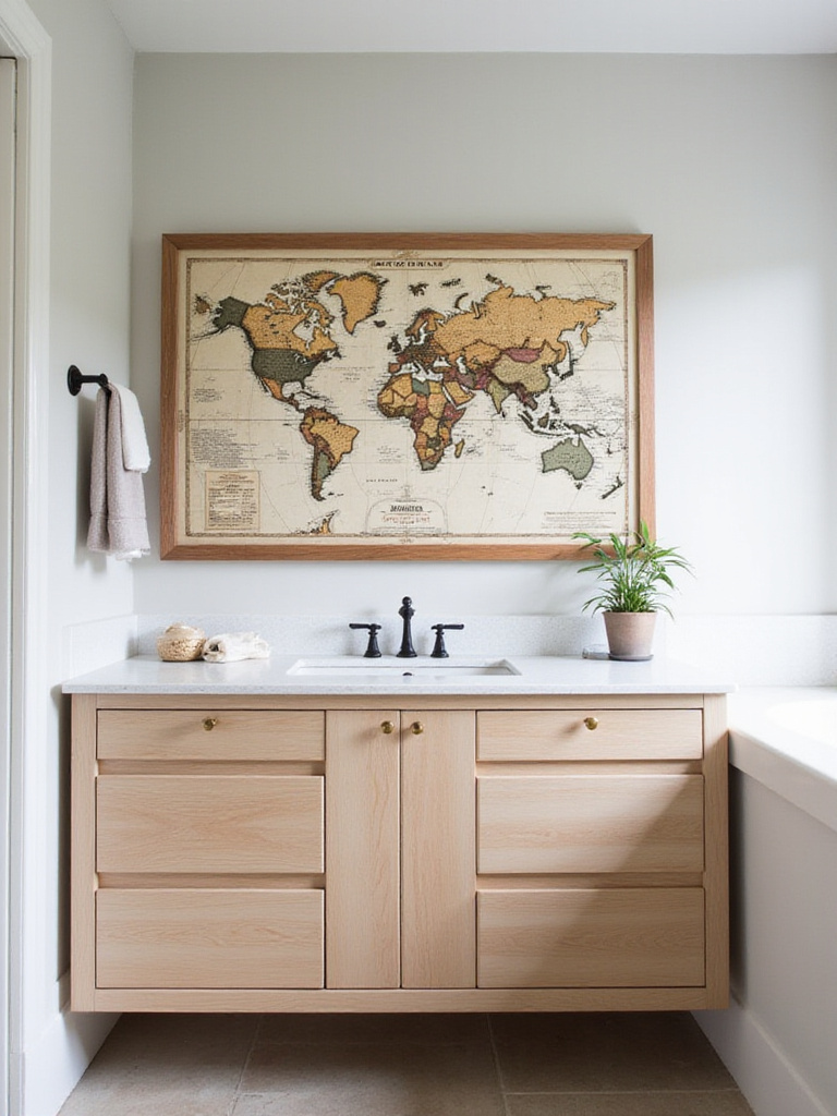 Bathroom vanity with a large framed vintage world map above it