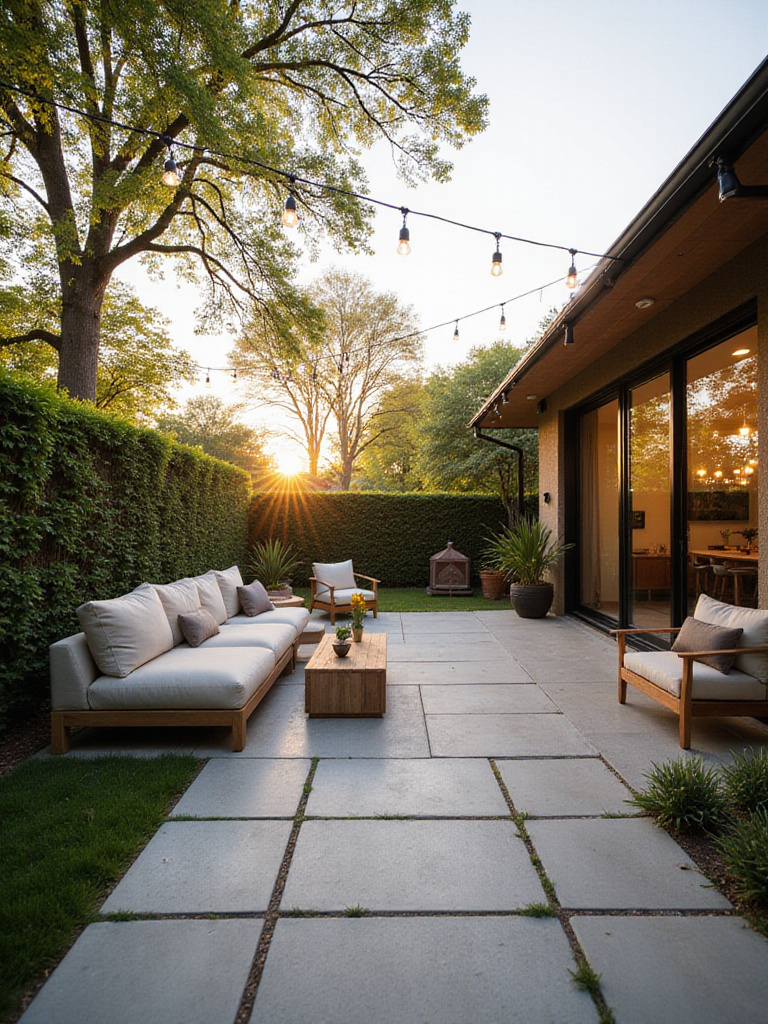 Relaxing patio extending from a modern home with comfortable outdoor furniture and string lights.