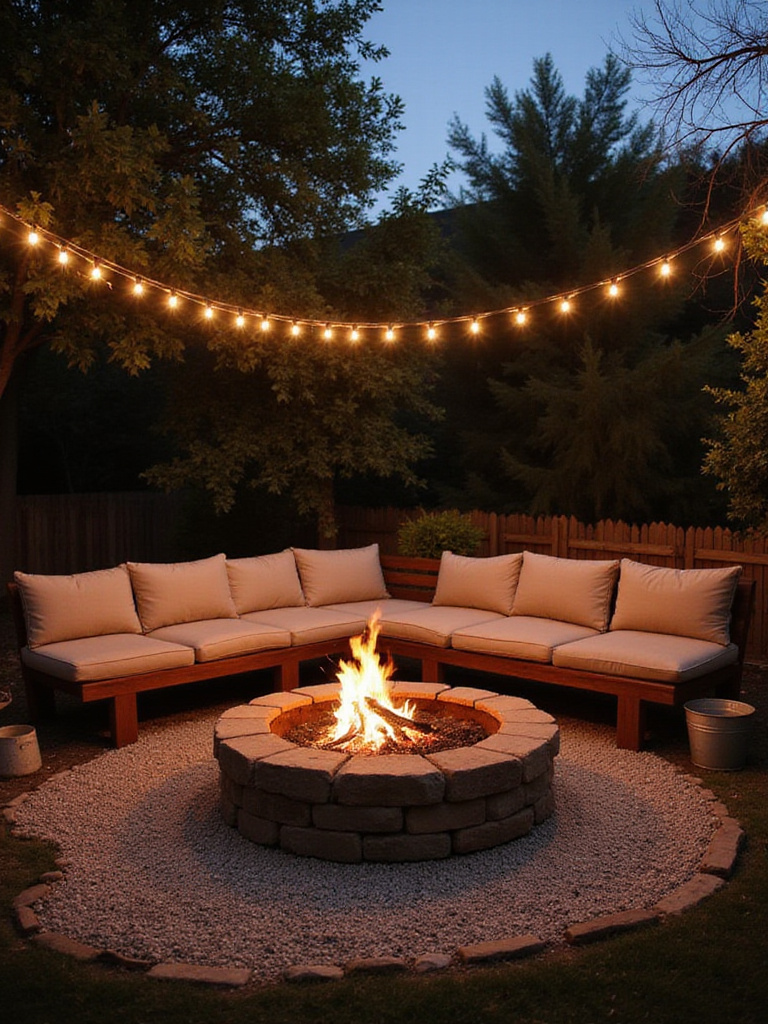 Cozy farmhouse-style backyard fire pit area with stone pit, gravel base, and rustic wooden seating under string lights at twilight, creating a warm gathering spot.