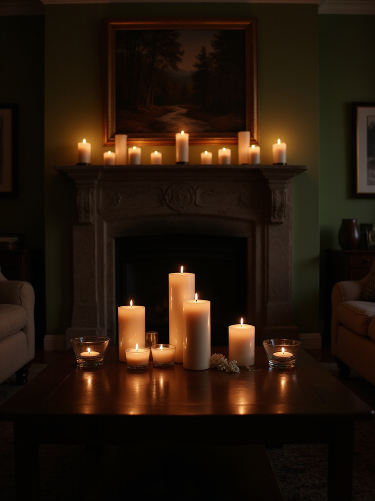 Cozy living room with multiple candles creating a warm and inviting ambiance.