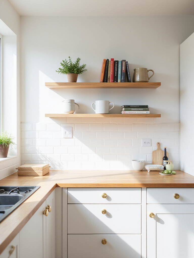 Modern kitchen with light wood floating shelves displaying cookbooks, herbs, and mugs.