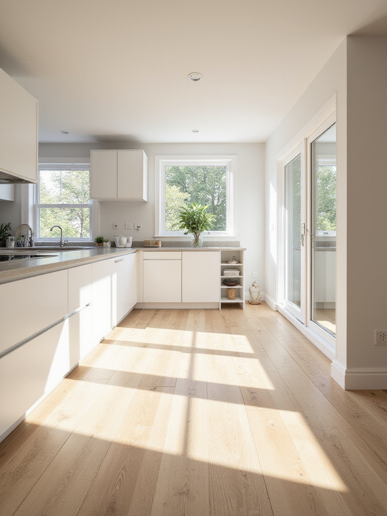 Bright modern kitchen featuring light-colored engineered hardwood flooring.