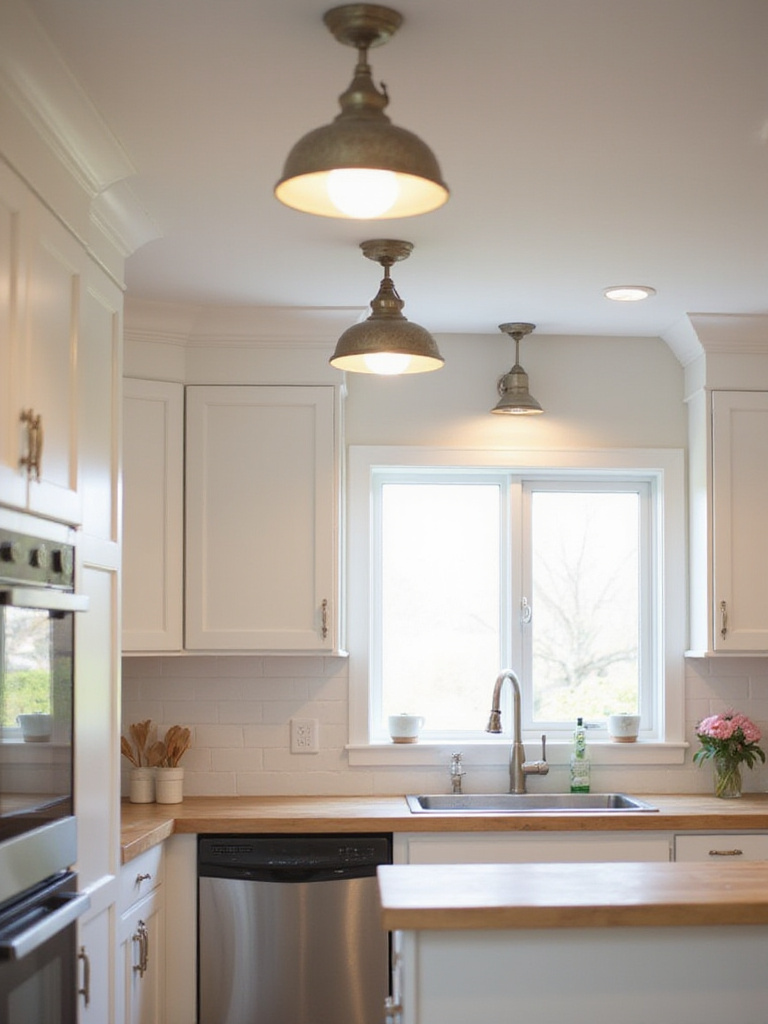 Modern farmhouse kitchen with white cabinets and rustic metal flush mount lighting.