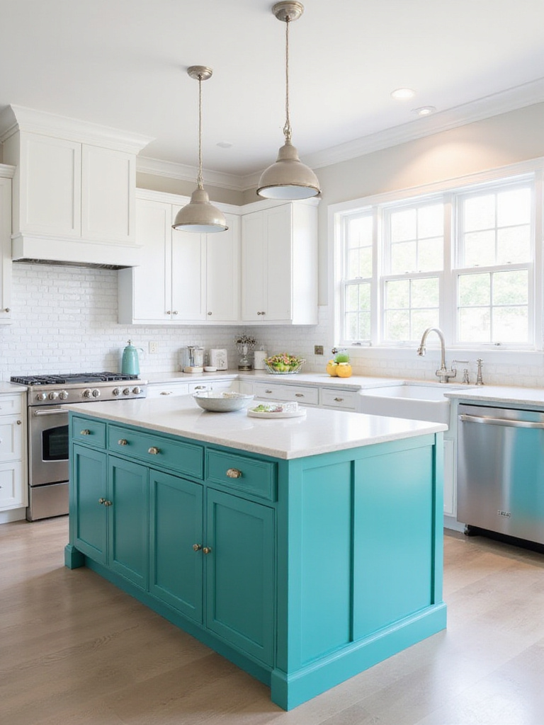 Modern kitchen with teal statement island and pendant lighting.