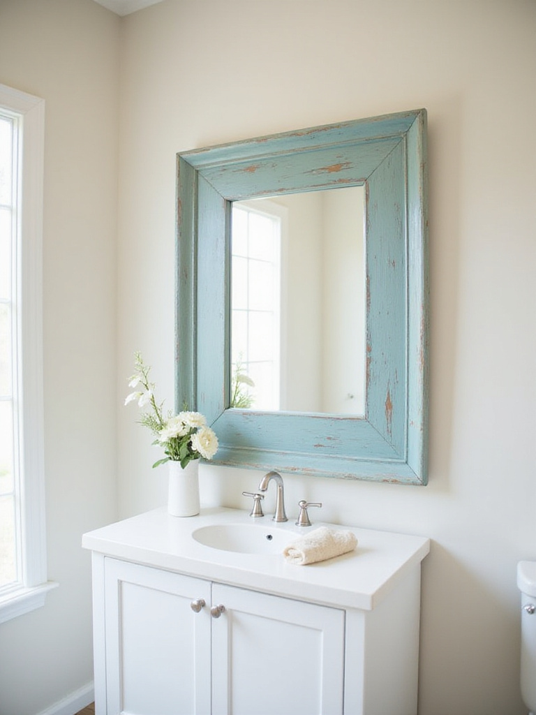 Bathroom mirror with distressed light blue wooden frame for rustic decor
