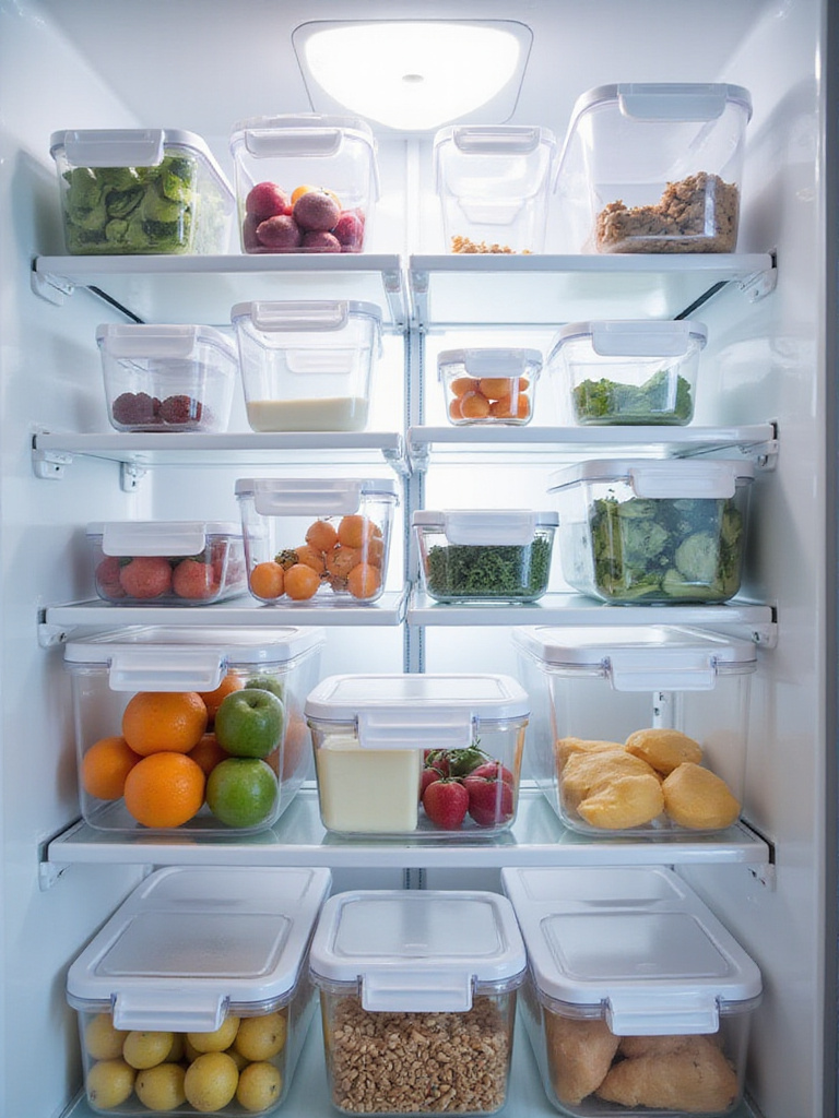 Organized refrigerator with clear bins containing fruits, vegetables, dairy, and leftovers.