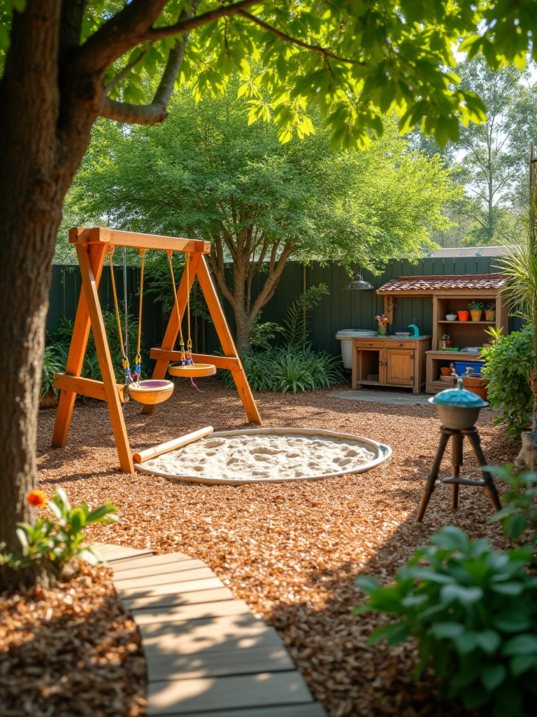 Children's play area with swing set, sandbox, and mud kitchen in a backyard setting