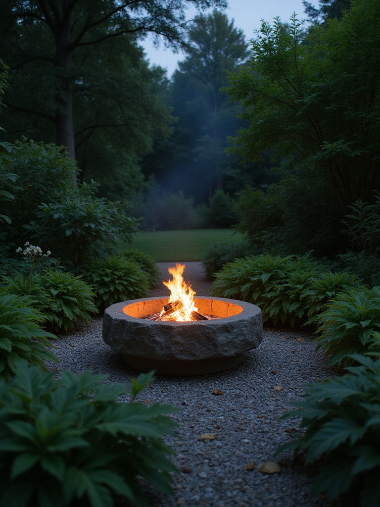 Tranquil garden scene at twilight with a glowing stone fire pit on a gravel base surrounded by lush green plants and foliage, creating a cozy backyard oasis.