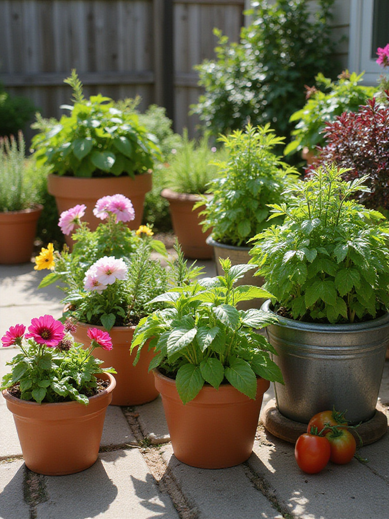 Variety of thriving plants in decorative containers on a sunny patio