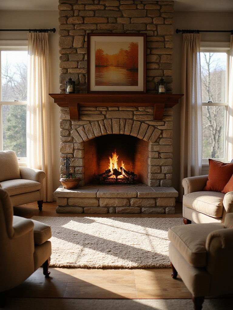 Cozy living room with a stone fireplace and warm lighting.