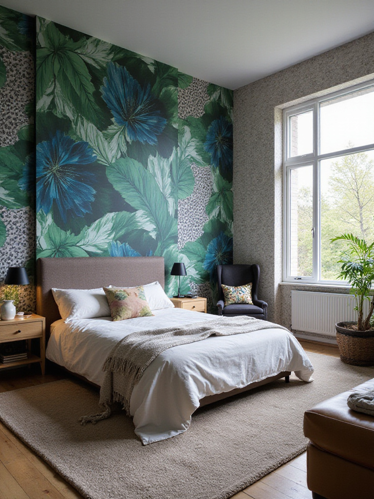 Eclectic bedroom with mixed wallpaper patterns featuring a bold botanical print on the headboard wall and a subtle geometric print on the other walls.