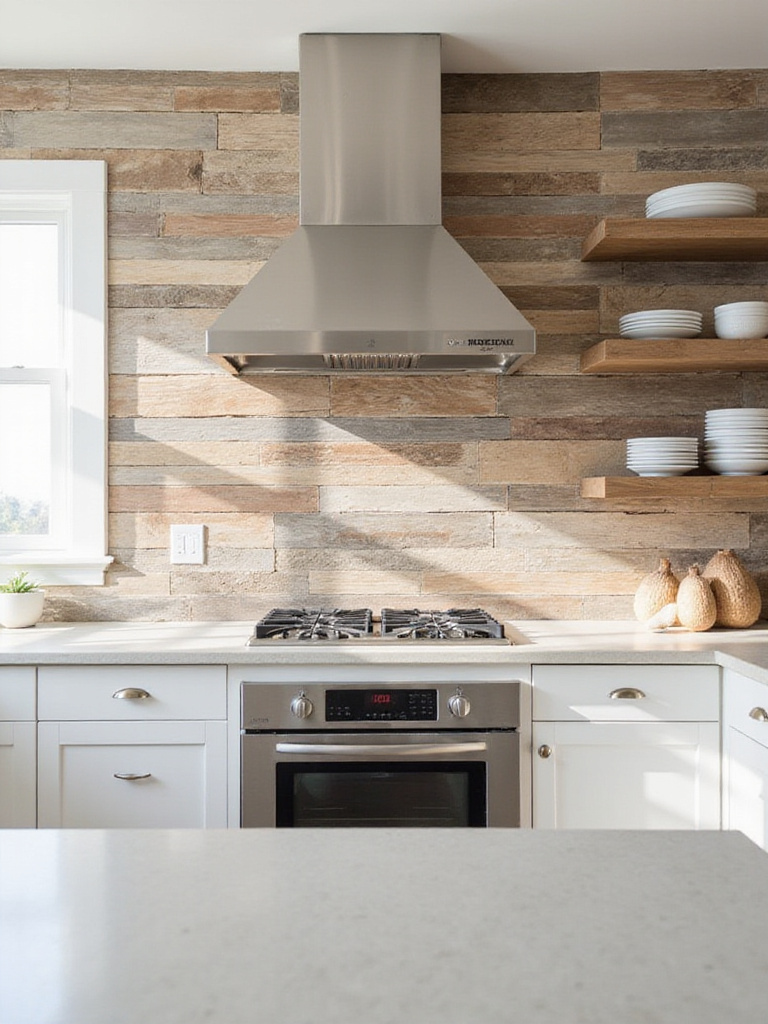 DIY reclaimed wood backsplash in a modern kitchen