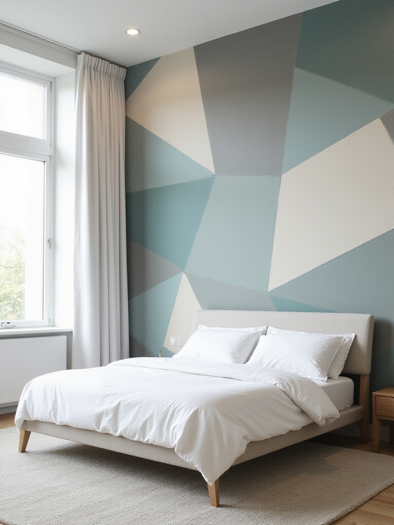 Modern bedroom with geometric wallpaper accent wall in teal, gray, and cream.