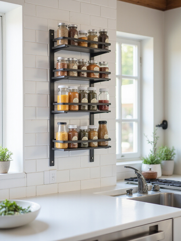 Wall-mounted spice rack with colorful spice jars in a modern kitchen