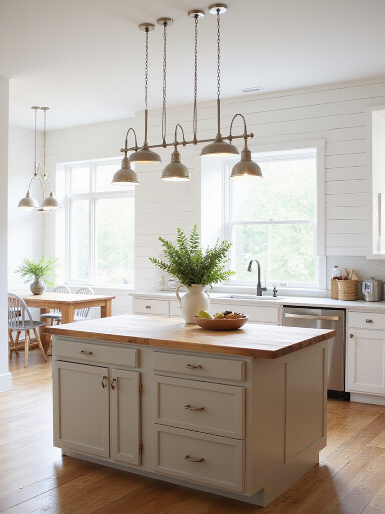 Farmhouse kitchen with white shiplap, butcher block island, and brushed nickel gooseneck barn lights providing task lighting.
