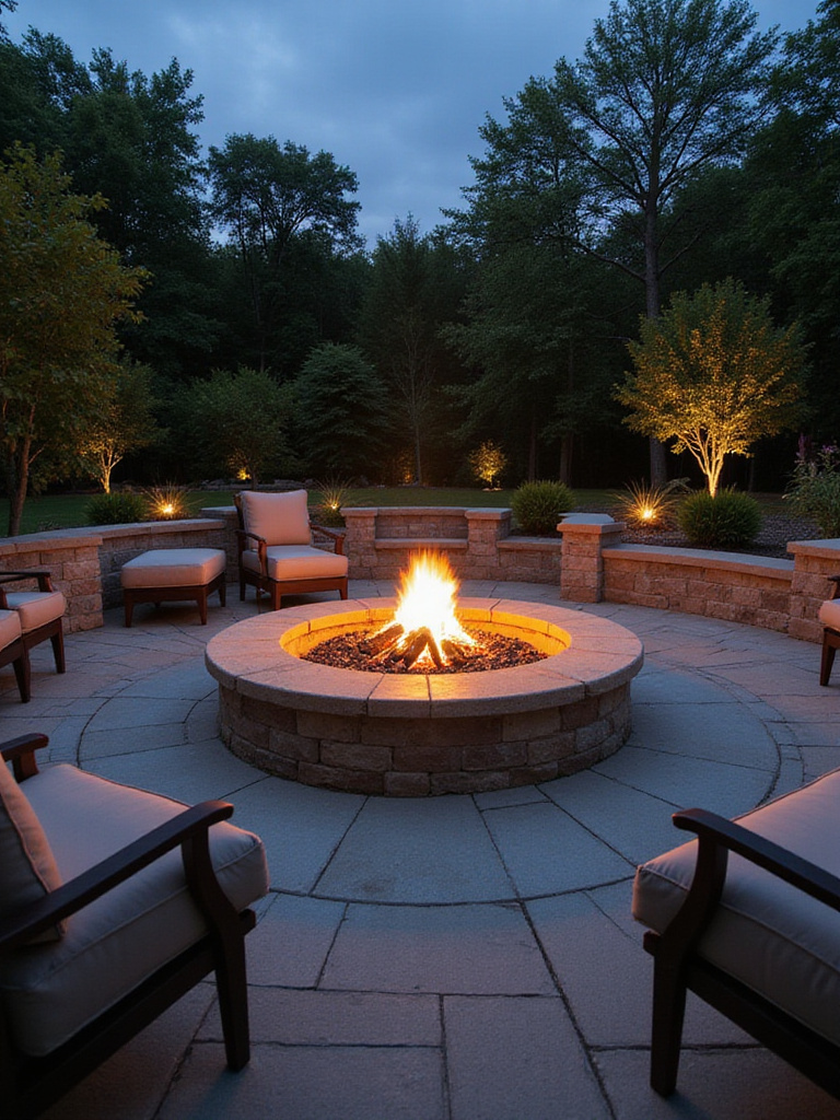 Large stone or concrete fire pit serving as a grand centerpiece on a spacious backyard patio at dusk, surrounded by ample seating.