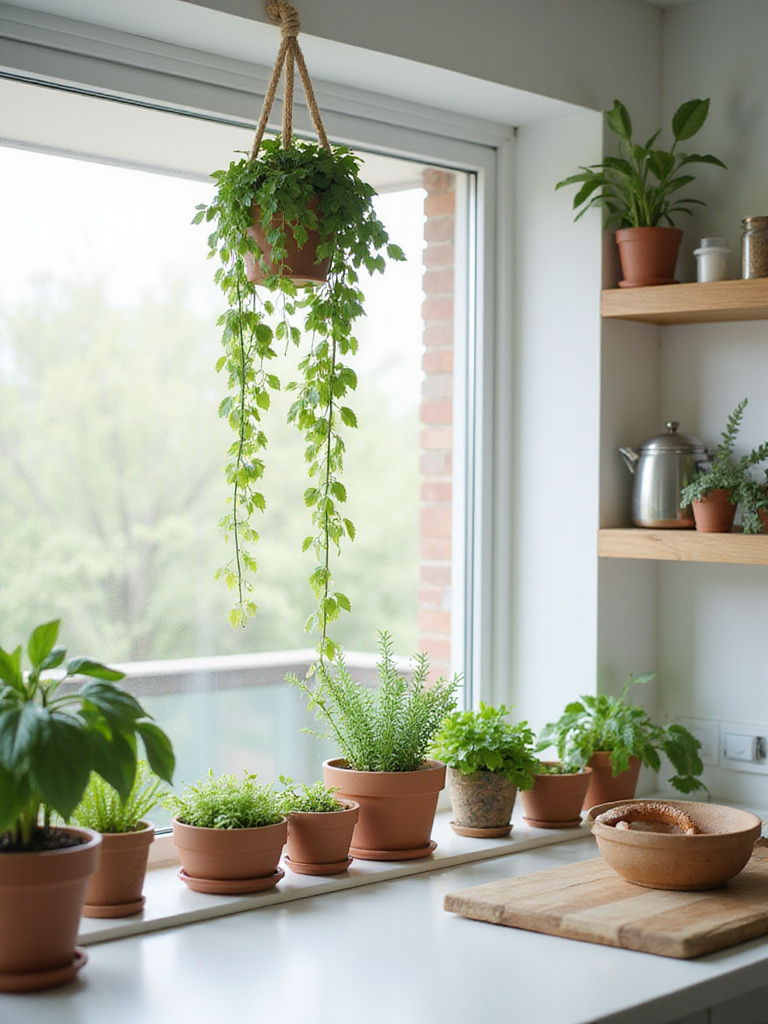 Modern kitchen with indoor plants and herbs