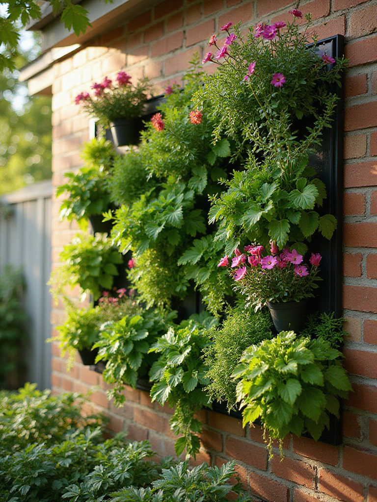 Lush vertical garden on a brick wall with various plants and flowers.