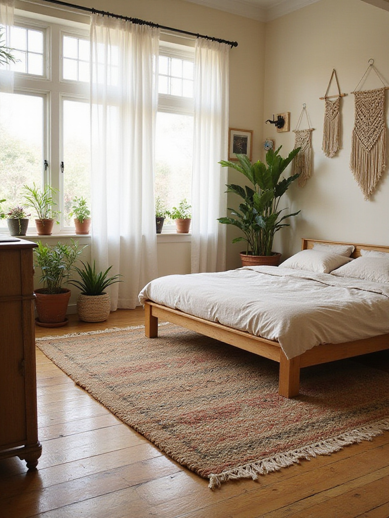Boho bedroom with a textural woven area rug underneath the bed.