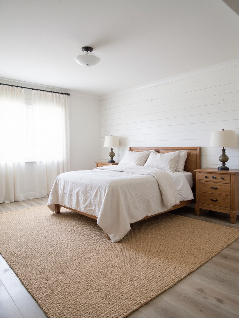 Farmhouse bedroom with a large jute area rug underneath a linen-covered bed.