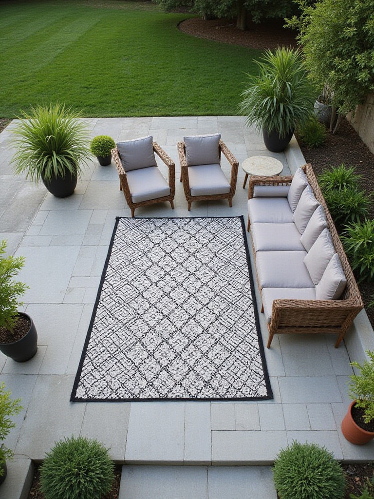 Outdoor patio design with a black and white geometric rug defining the seating area.